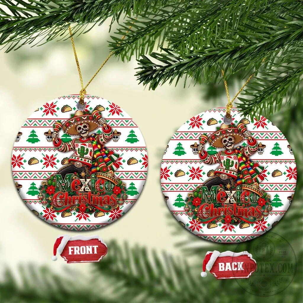 Mexico Christmas Fiesta Skeleton Sombrero Ugly Fair Isle Ceramic Ornament