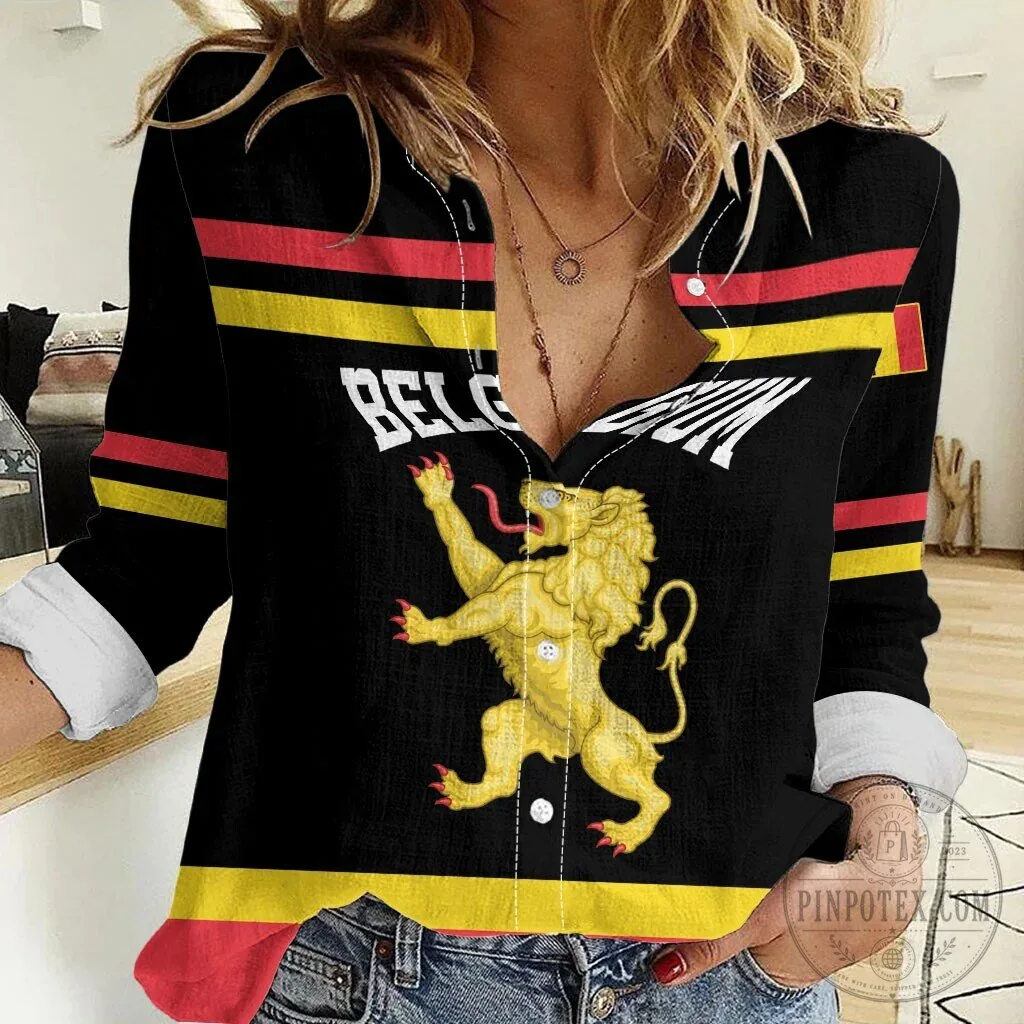 Belgium Flag Lion Crest Women's Long-Sleeve Button-Up Shirt