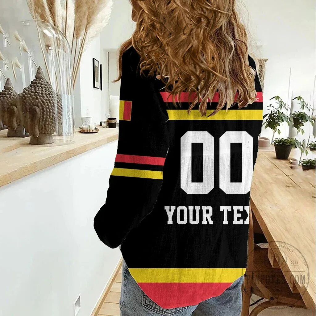 Belgium Flag Lion Crest Women's Long-Sleeve Button-Up Shirt 7 Belgium Flag Lion Crest Women