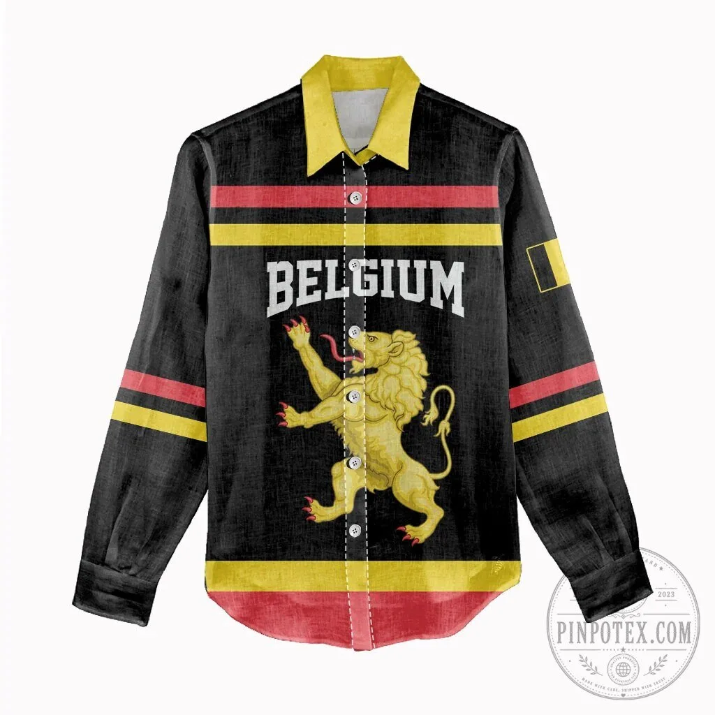 Belgium Flag Lion Crest Women's Long-Sleeve Button-Up Shirt 8 Belgium Flag Lion Crest Women