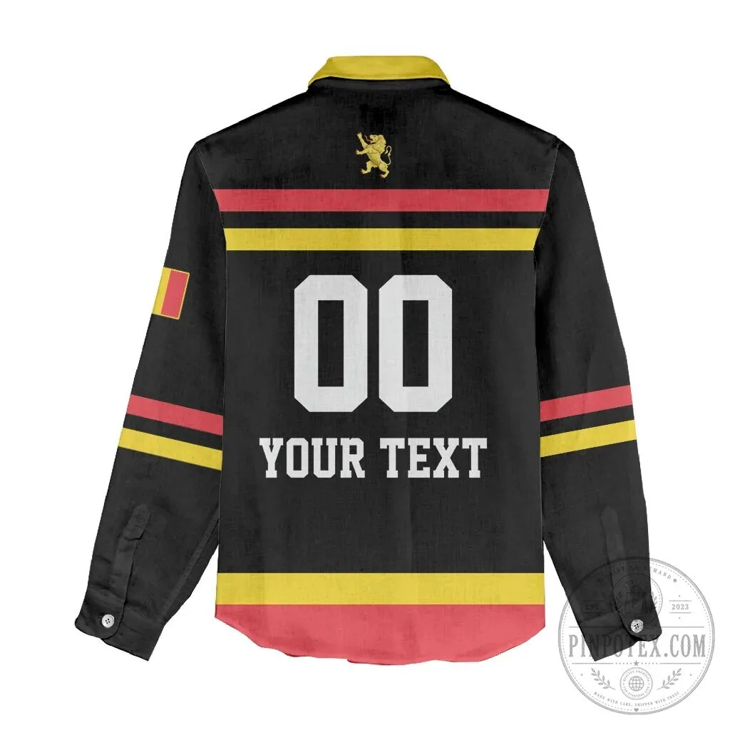 Belgium Flag Lion Crest Women's Long-Sleeve Button-Up Shirt 9 Belgium Flag Lion Crest Women