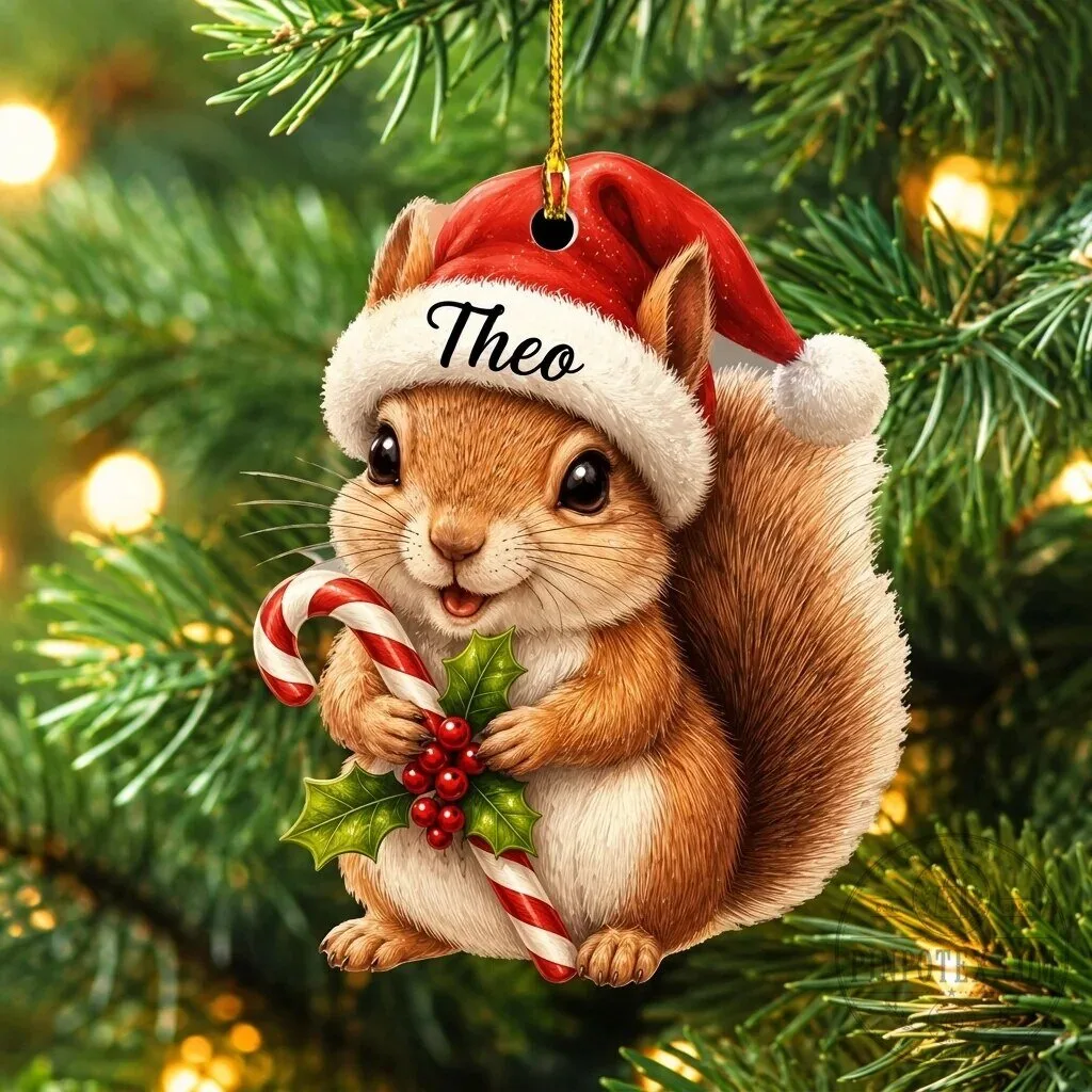 Personalized Christmas Squirrel with Candy Cane and Holly Ornament