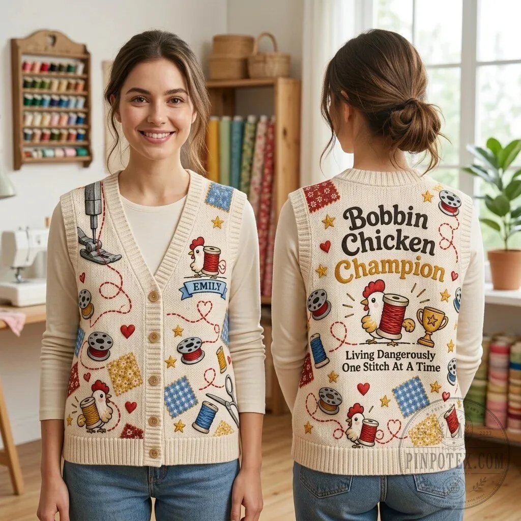 Bobbin Chicken Champion Sewing Enthusiast Cardigan Vest 3 Bobbin Chicken Champion Sewing Enthusiast Cardigan Vest