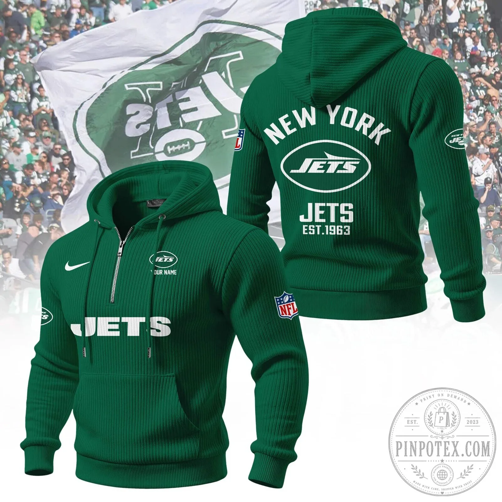 New York Jets NFL Football Team Green Quarter-Zip Ribbed Hoodie