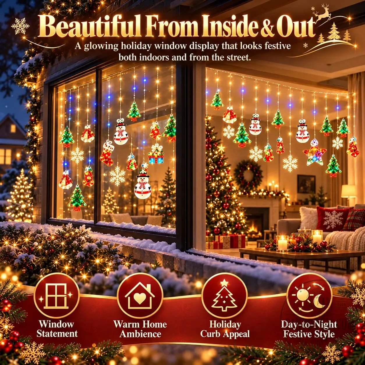 Christmas Ornament Curtain Lights Holiday Window Display Decorations
