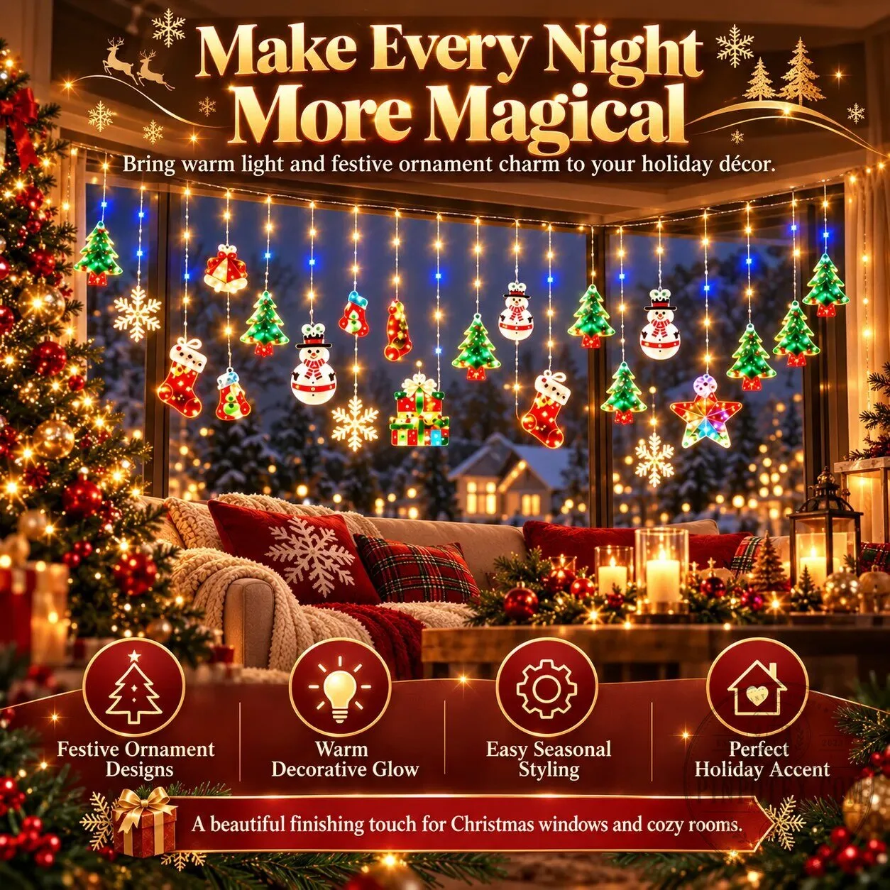 Christmas Ornament Curtain Lights Holiday Window Display Decorations 14 Christmas Ornament Curtain Lights Holiday Window Display Decorations