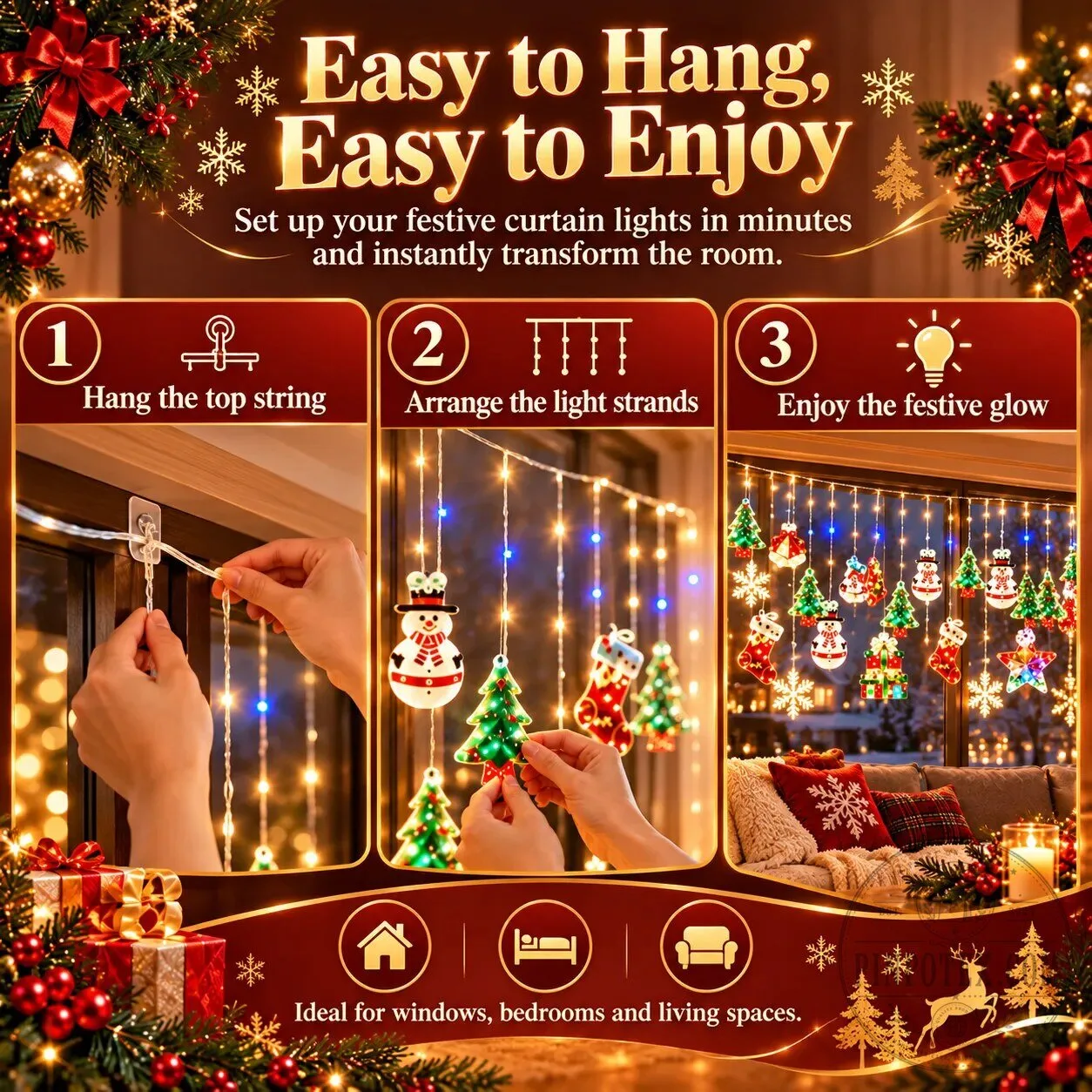 Christmas Ornament Curtain Lights Holiday Window Display Decorations 15 Christmas Ornament Curtain Lights Holiday Window Display Decorations