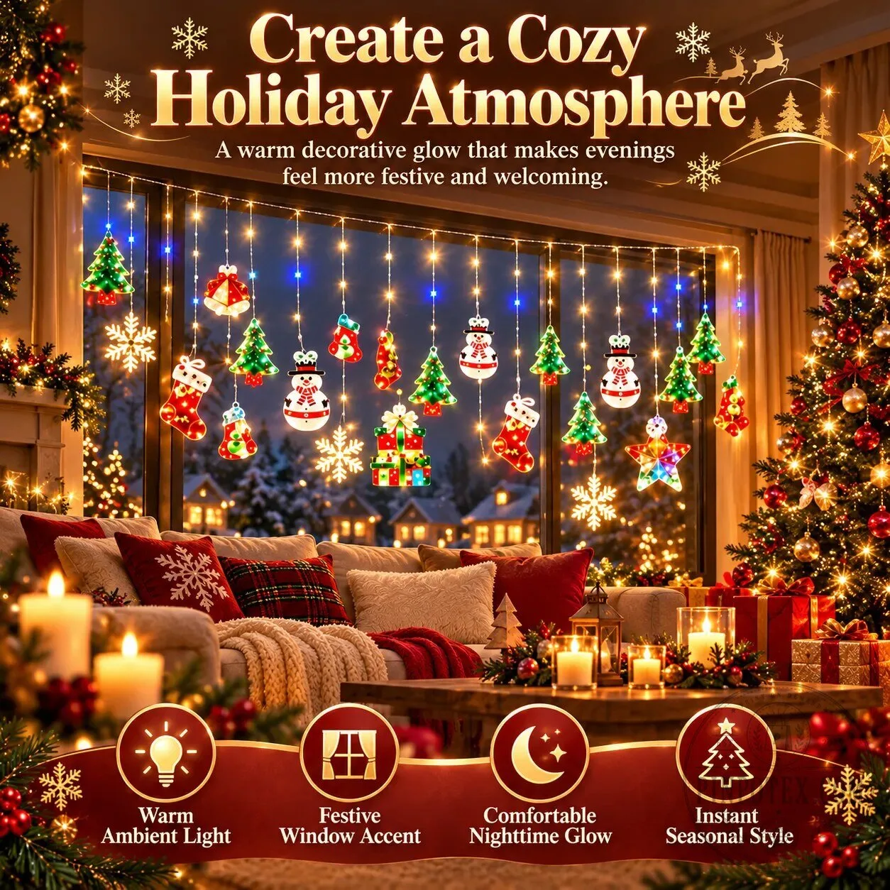 Christmas Ornament Curtain Lights Holiday Window Display Decorations 16 Christmas Ornament Curtain Lights Holiday Window Display Decorations
