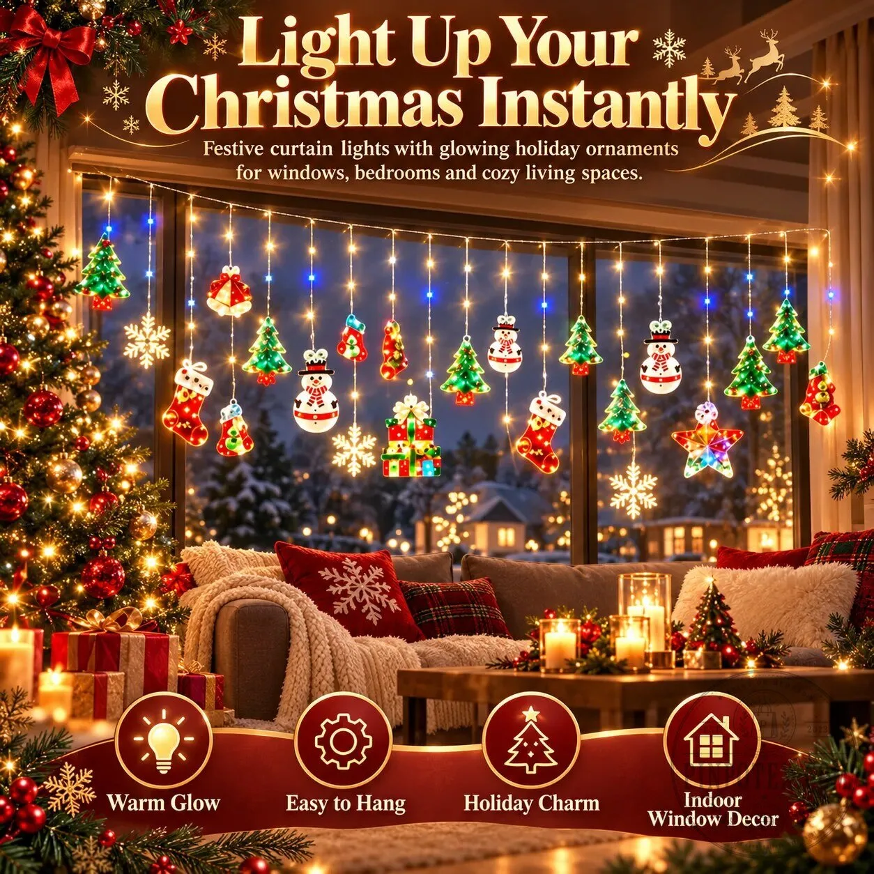 Christmas Ornament Curtain Lights Holiday Window Display Decorations 18 Christmas Ornament Curtain Lights Holiday Window Display Decorations