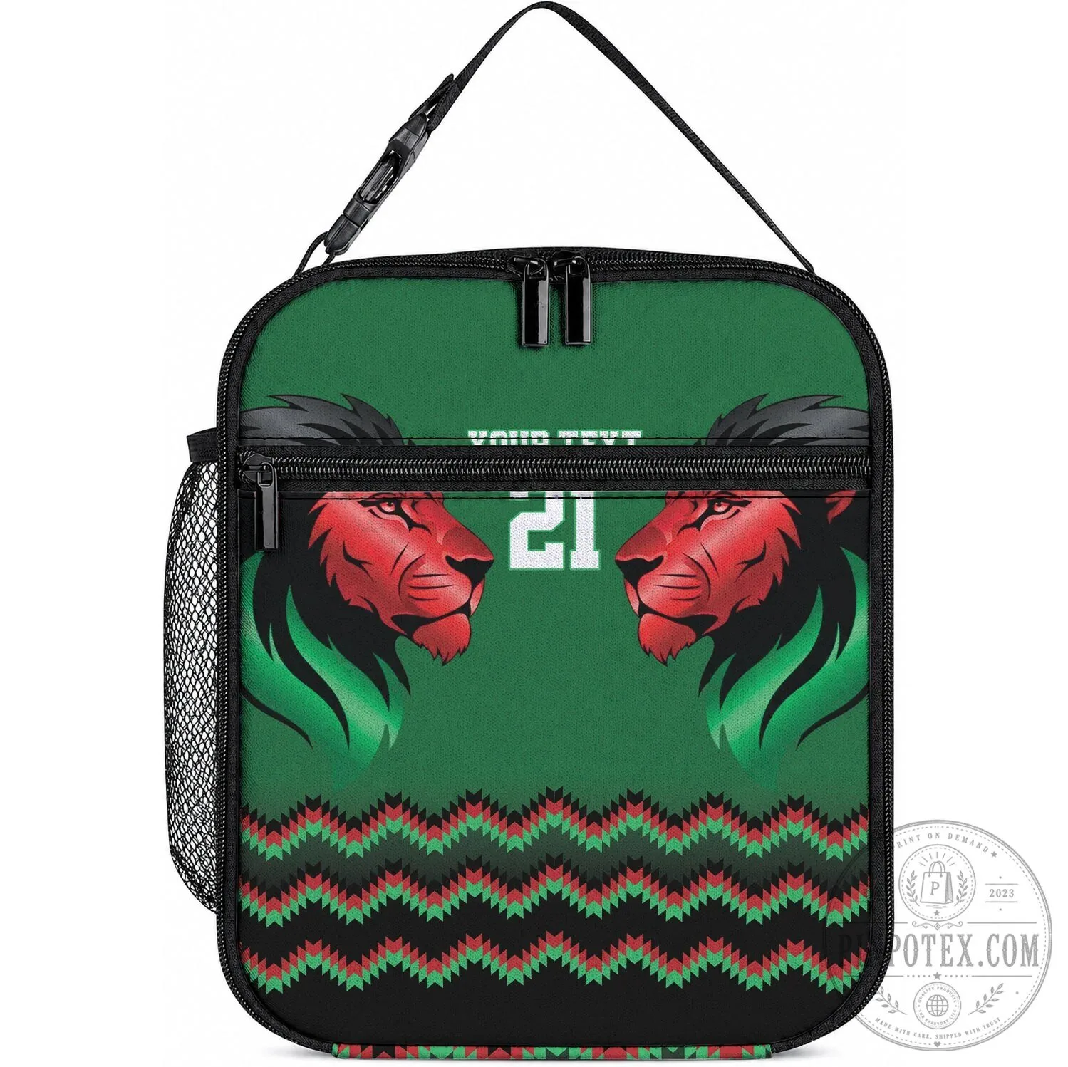 Kenya Cricket Africa Green Lion Head Pattern Insulated Lunch Bag