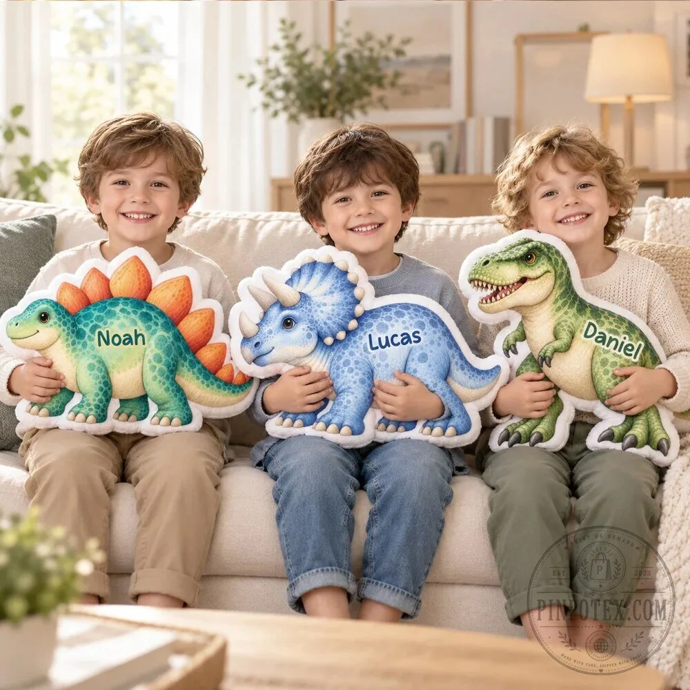 Personalized Dinosaur Shaped Pillow for Kids, Custom Name Soft Plush Toy Cushion