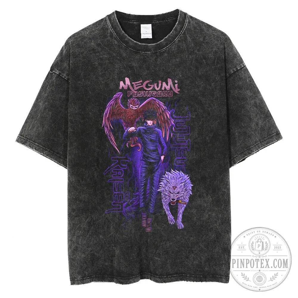 Megumi Fushiguro Jujutsu Kaisen Anime Vintage Washed Black Graphic T-Shirt