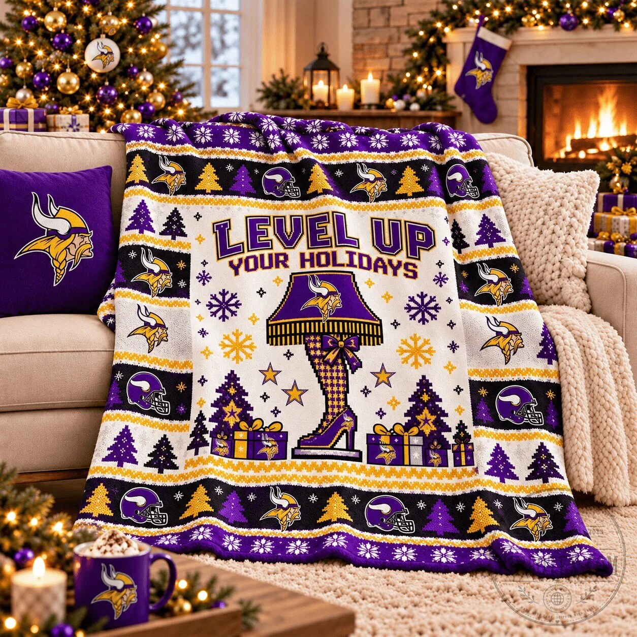 Minnesota Vikings NFL Christmas Level Up Your Holidays Fleece Blanket