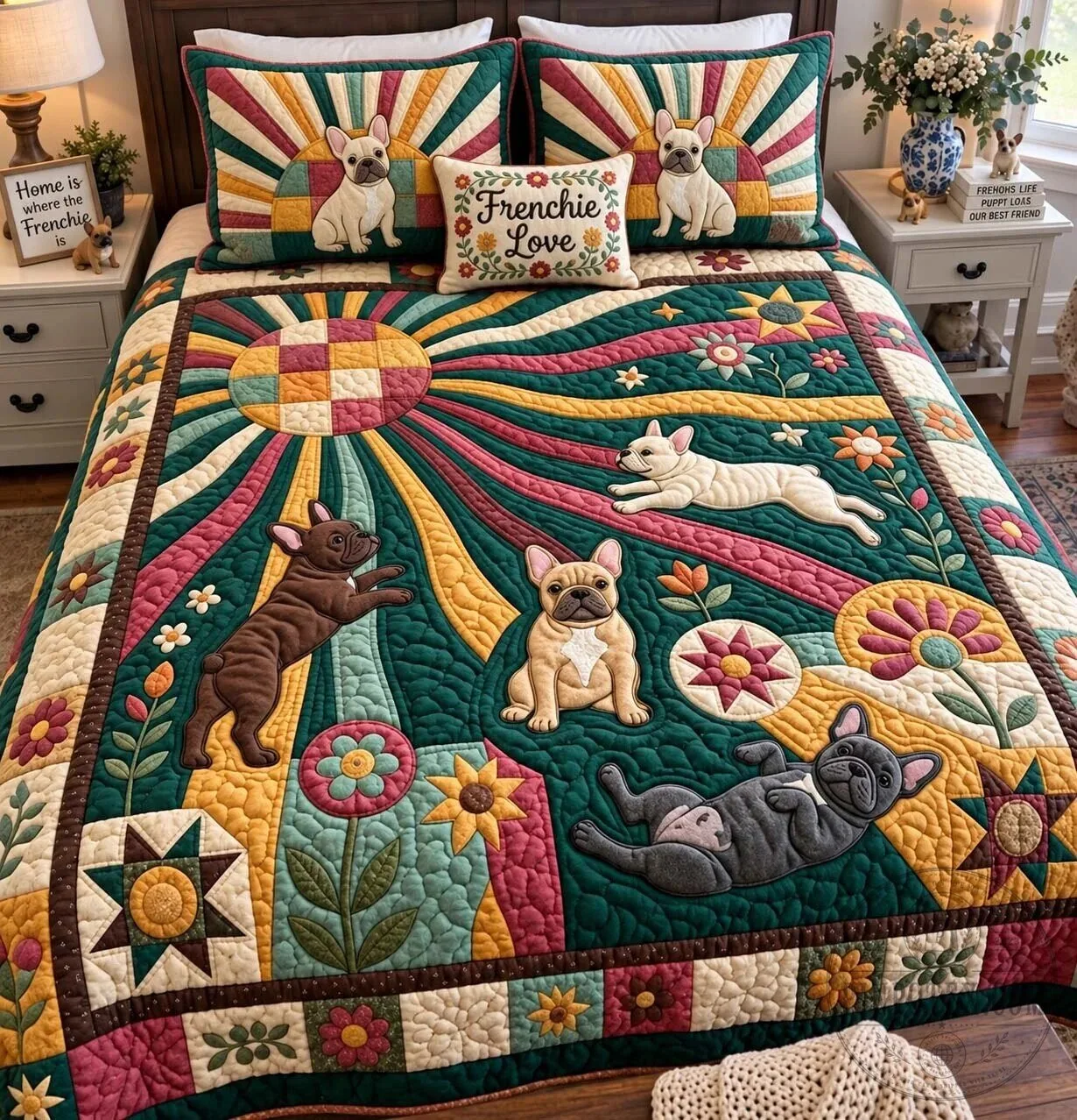 Happy French Bulldog Garden Quilted Bedding Set with Pillow Shams