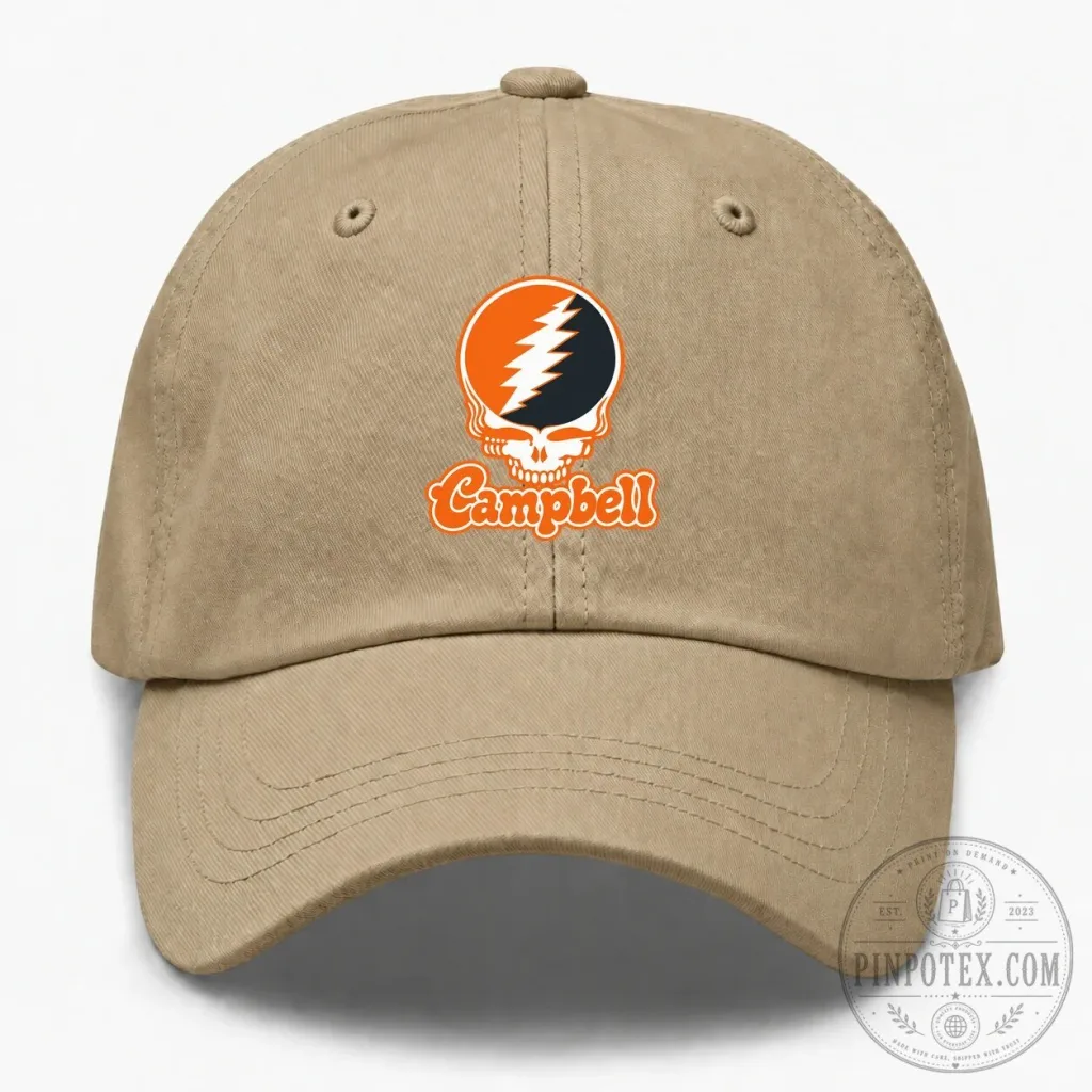 Campbell Grateful Dead Steal Your Face Logo Embroidered Beige Cap Hat Campbell Grateful Dead Steal Your Face Logo Embroidered Beige Cap Hat