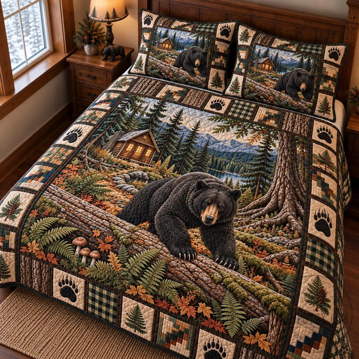 Rustic Black Bear Cabin Forest Nature Quilted Bedding Set
