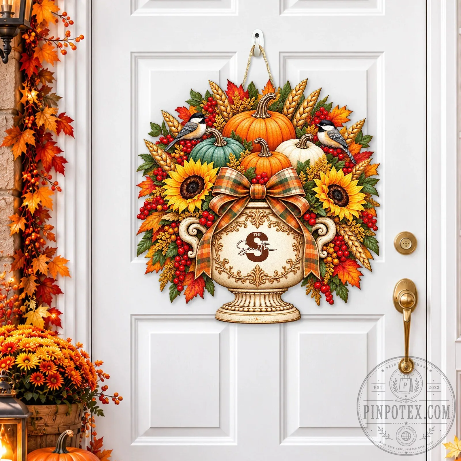 Personalized Autumn Harvest Pumpkins Sunflowers Birds Monogram Door Hanger Sign