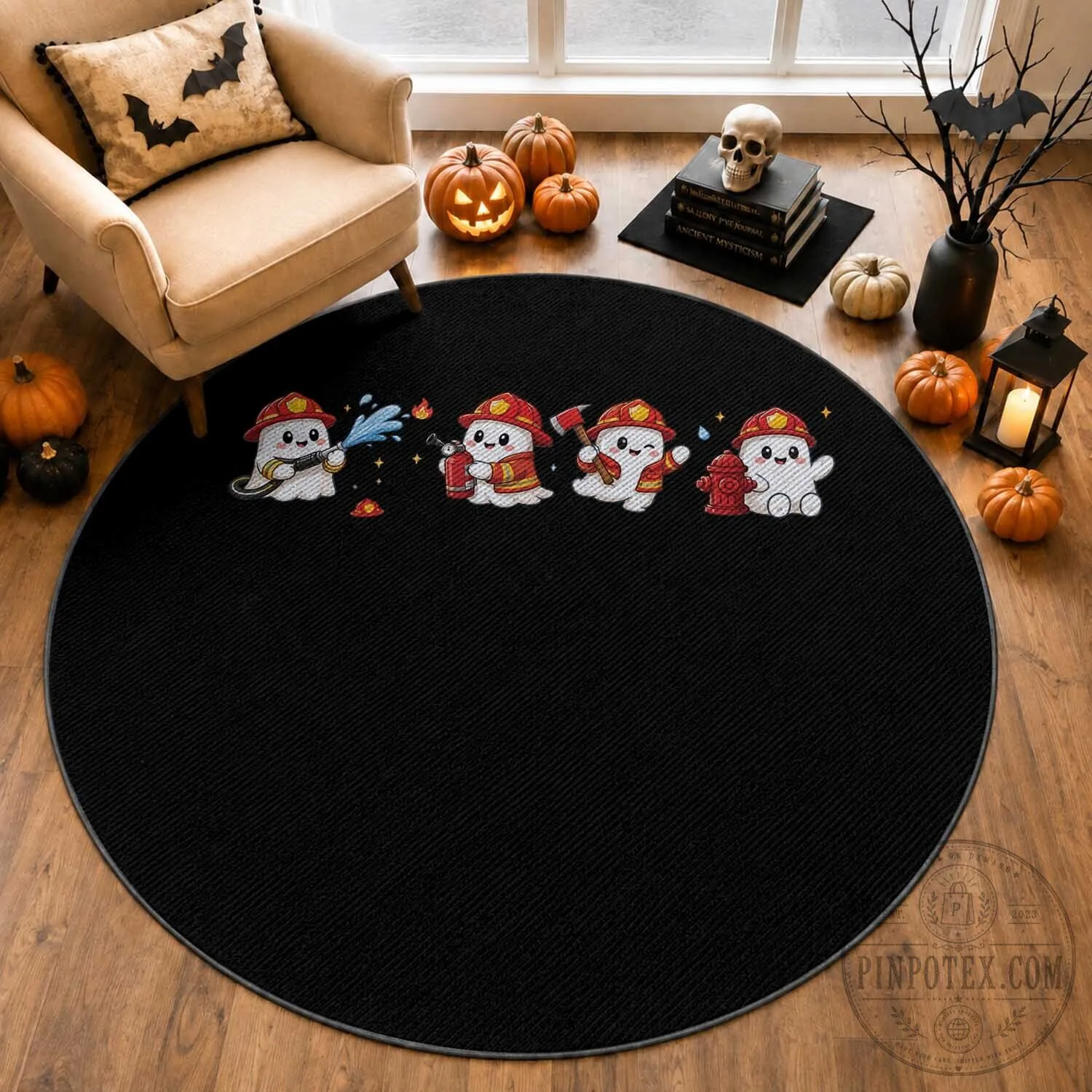 Funny Ghost Firefighter Fire Rescue Halloween Round Rug