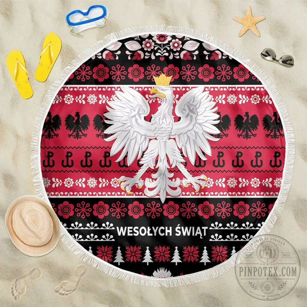 Polska Wesolych Swiat Polish Christmas Eagle Round Beach Blanket