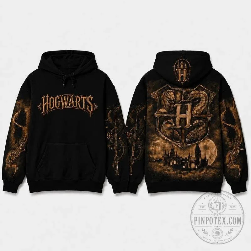 Hogwarts Castle Crest and Logo Pullover Hoodie with Ornate Sleeve Artwork