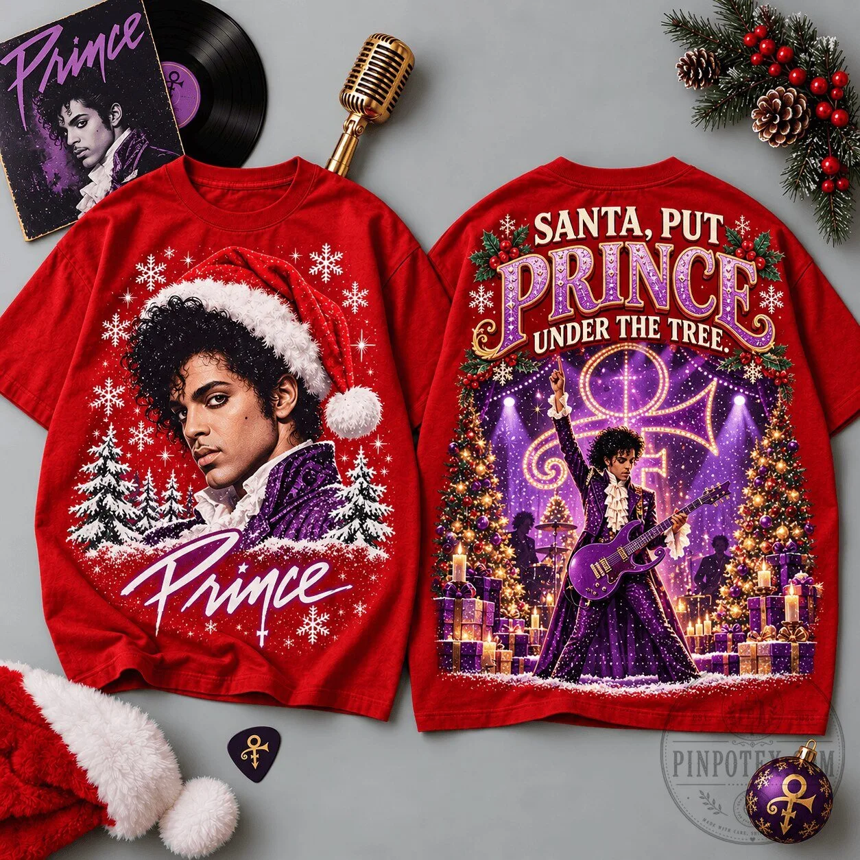 Prince Christmas Santa Hat Portrait and Purple Stage Holiday T-Shirt
