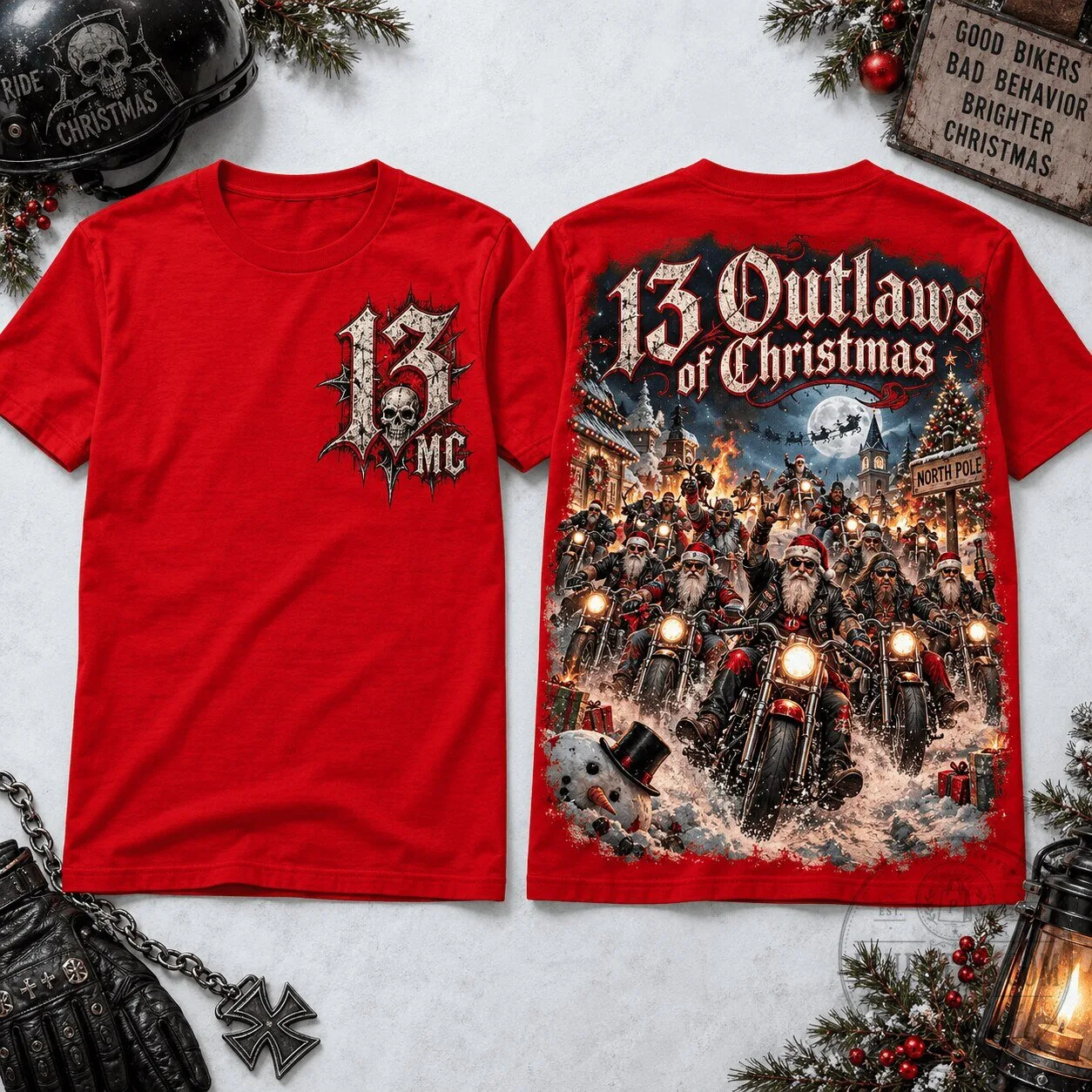 13 Outlaws of Christmas Motorcycle Club Santa Biker T-Shirt