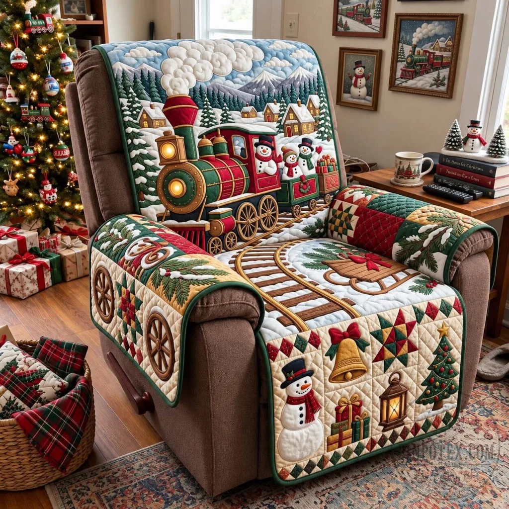 Christmas Train Snowy Village Express Quilted Recliner Chair Cover