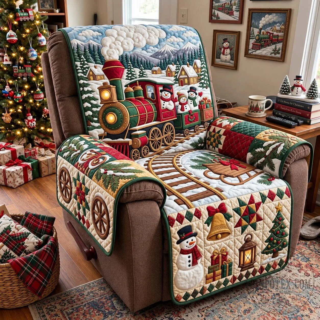 Christmas Train Snowy Village Express Quilted Recliner Chair Cover