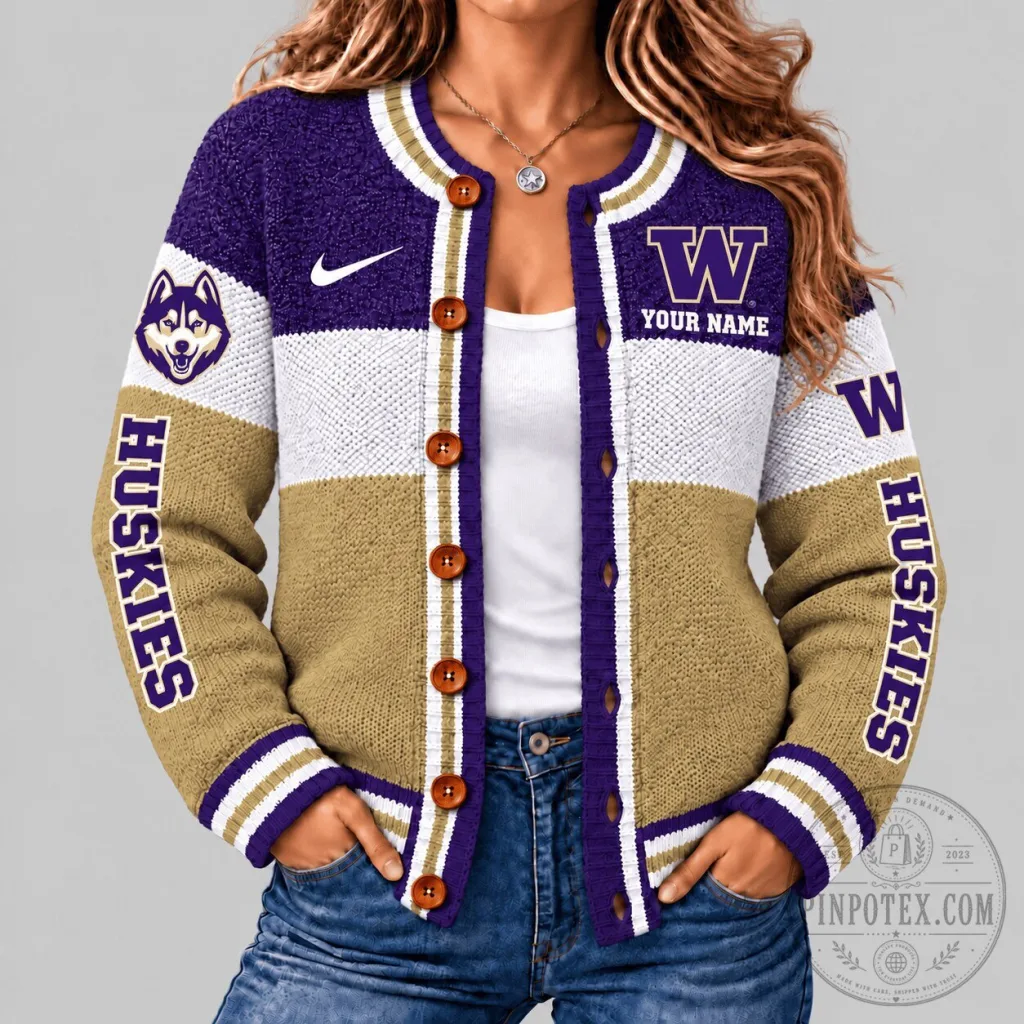 Washington Huskies NCAA Personalized Color Block Cardigan Sweater Washington Huskies NCAA Personalized Color Block Cardigan Sweater