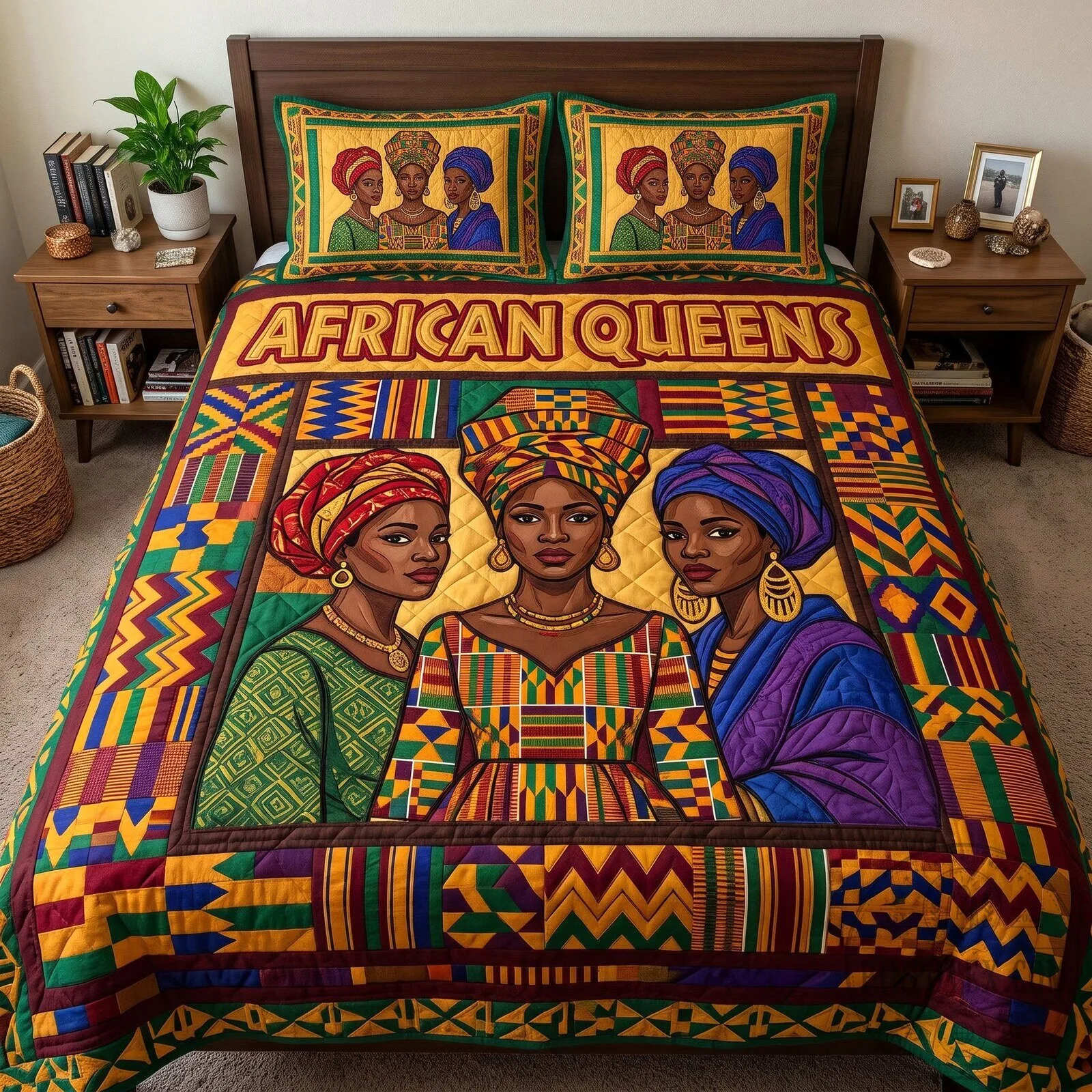 African Queens Melanin Queen Quilted Bedding Set with Pillow Shams