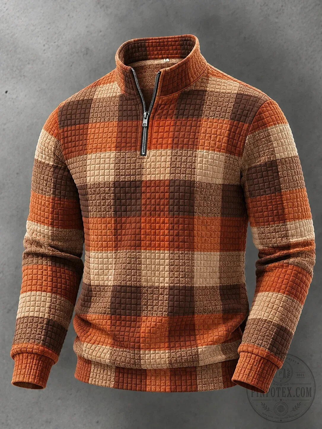 Plaid Quarter Zip Pullover Sweatshirt for Men featuring Ribbed Cuffs and Hem