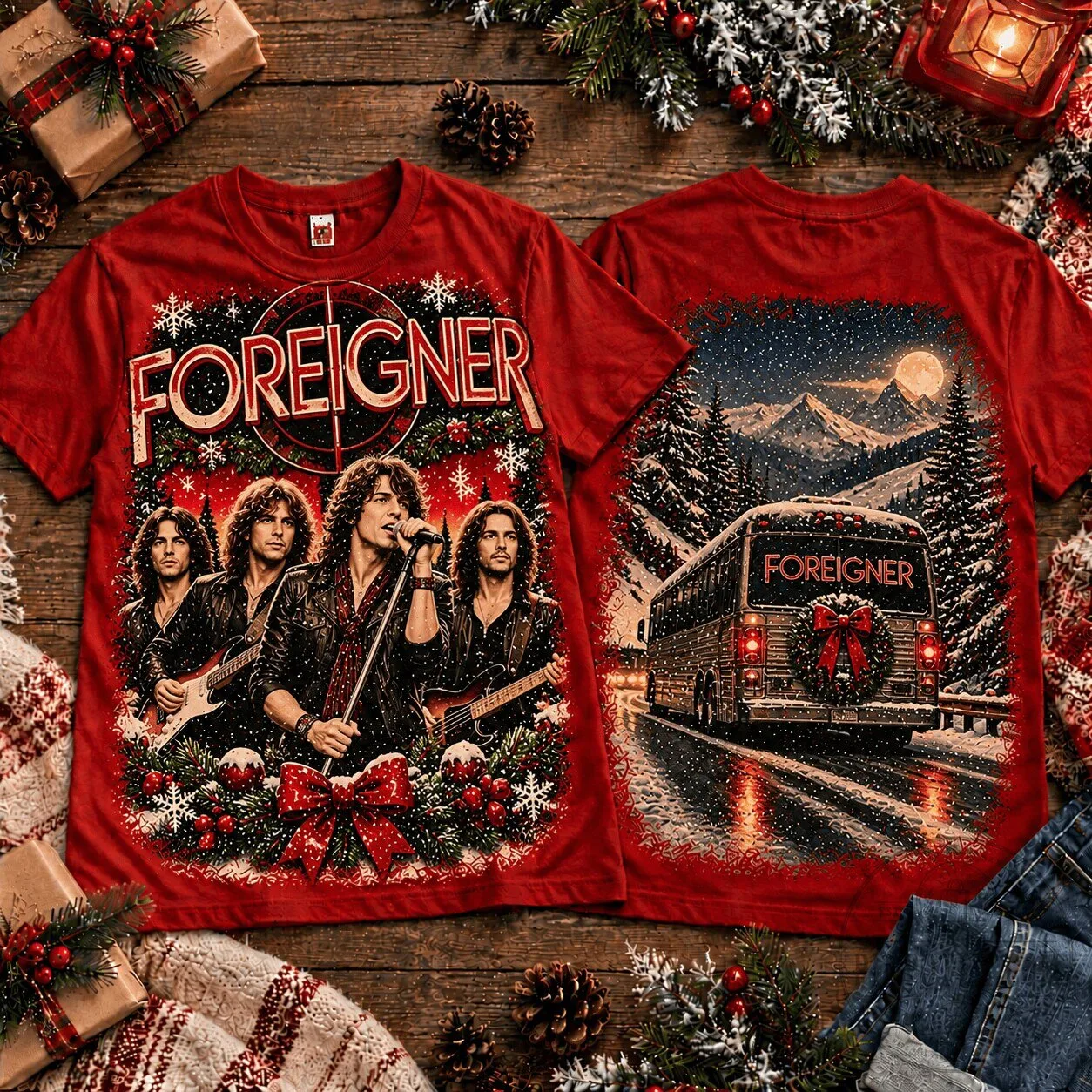 Foreigner Band Christmas Holiday Collage Graphic T-Shirt for Festive Music Fans