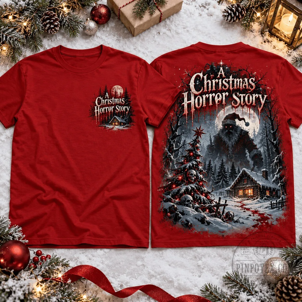 Christmas Horror Story Monster Santa Claus Haunted Cabin Snowy Pines T-Shirt