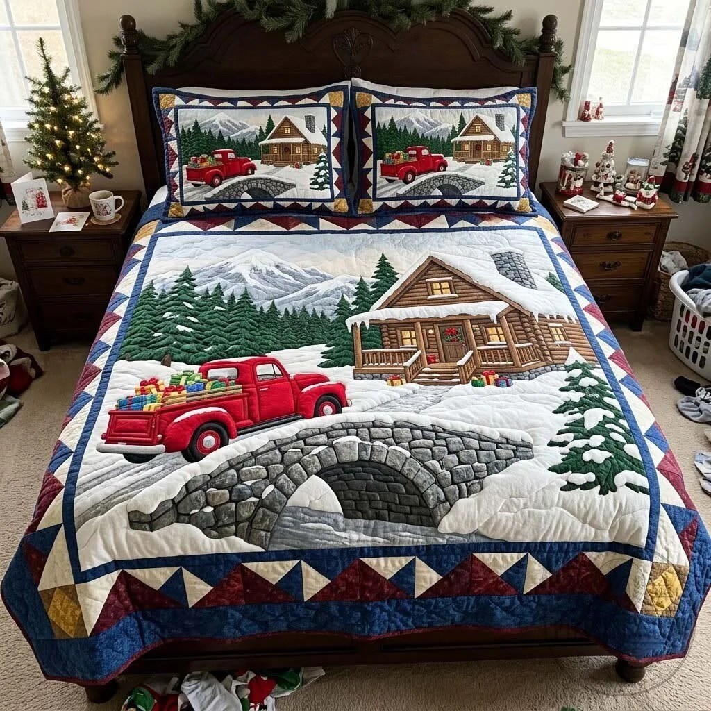 Snowy Cabin Christmas Red Truck Quilted Bedding Set with Pillow Shams